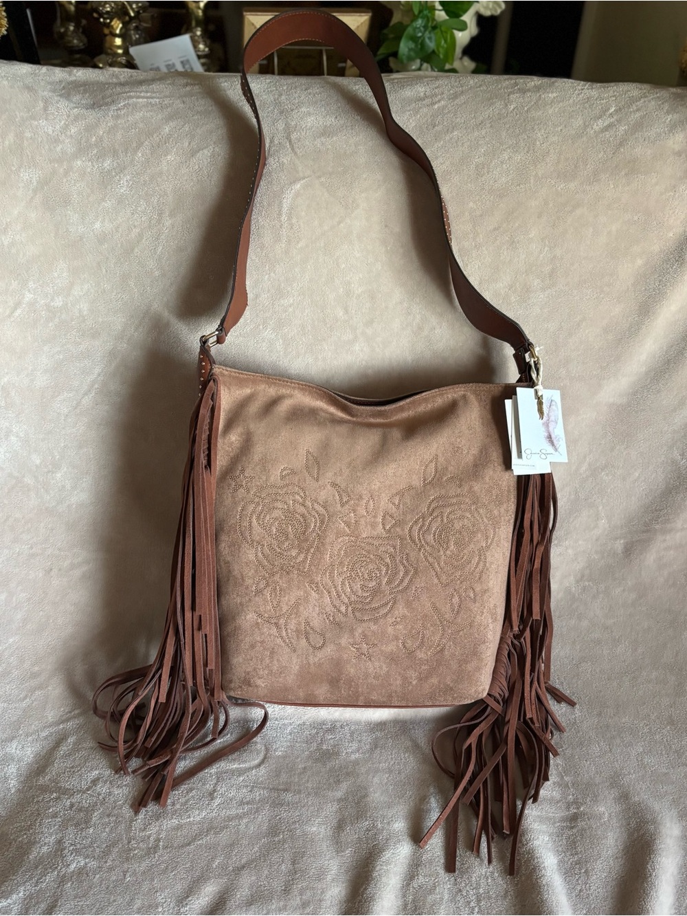 Jessica Simpson Fringed Floral Embossed Brown Shoulder Shoulder Bag Purse Big